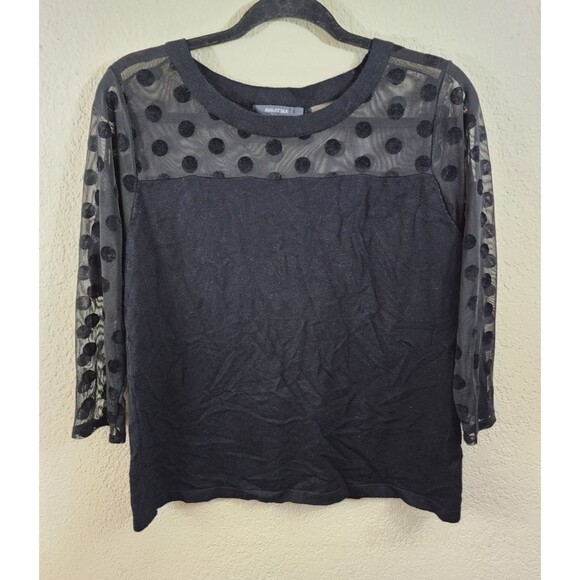 August Silk Womens M Black Sheer Mesh Dot 3/4th Sleeve Round Neck Blouse - Picture 1 of 4
